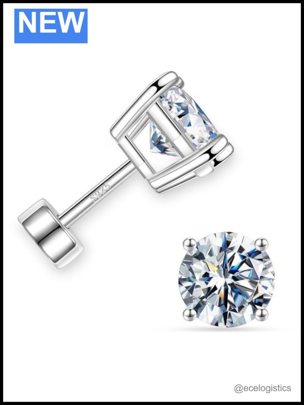 Moissanite Flat Back Stud Earrings 925 Sterling Silver Screw Back 2ct
